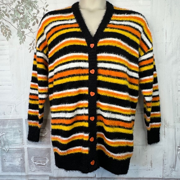 Sweet Society Womens Striped Black Orange Candy Corn Eyelash Sweater Sz. S M - Picture 1 of 11